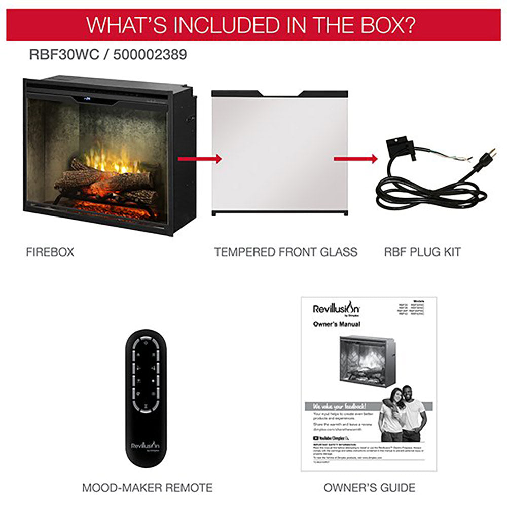 Electric fireplace box contents: firebox, tempered glass, plug kit, remote, manual