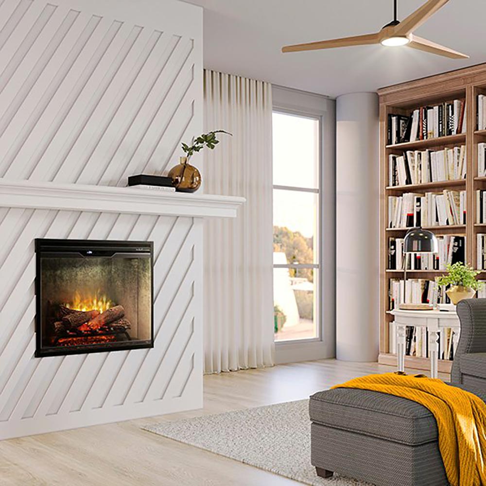Wall-mounted electric fireplace with glass front and log flame effect