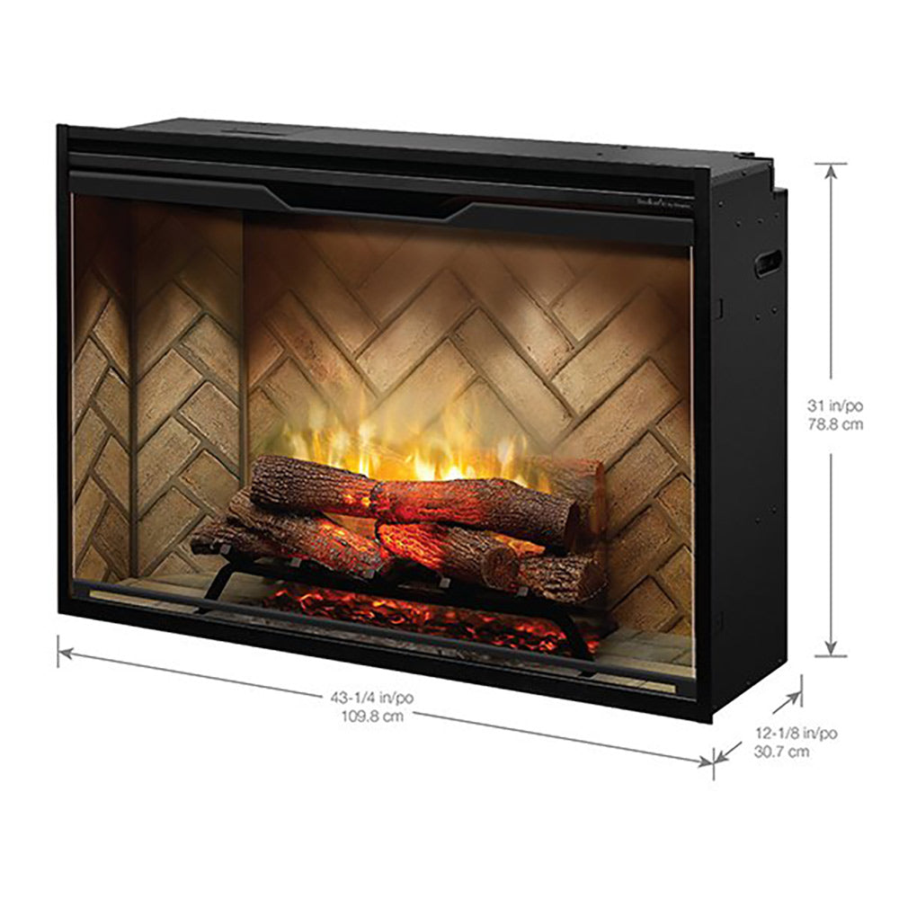 Black electric fireplace with glass front, faux logs and herringbone back panel