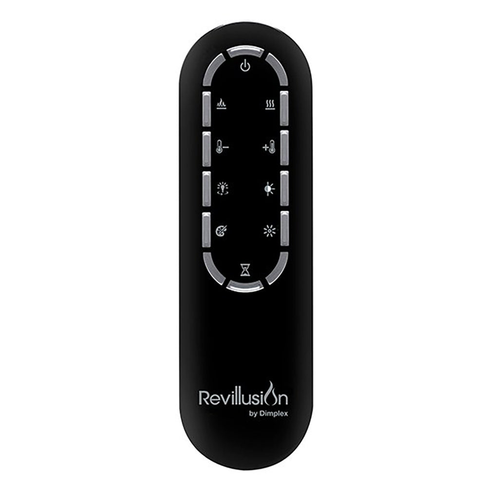 Revillusion electric fireplace remote control with black oval body and button icons