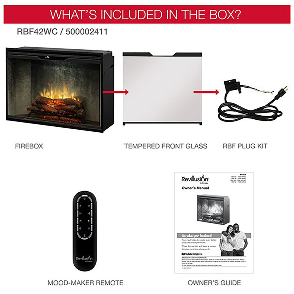 Electric fireplace bundle with firebox, tempered glass front, plug kit, remote and manual