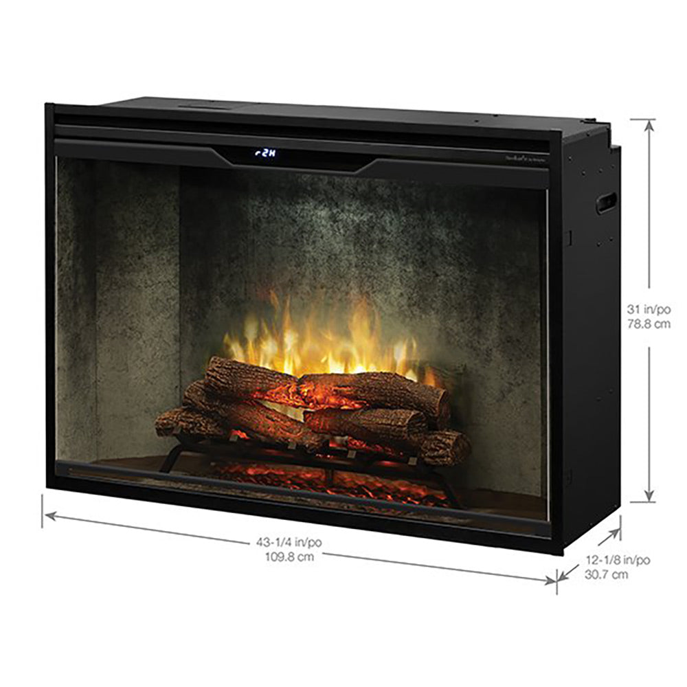 Black electric fireplace insert with tempered glass front and glowing log bed