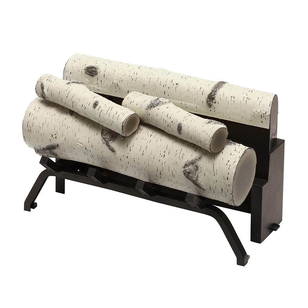 Birch-style log kit with three white faux-birch logs on black stand