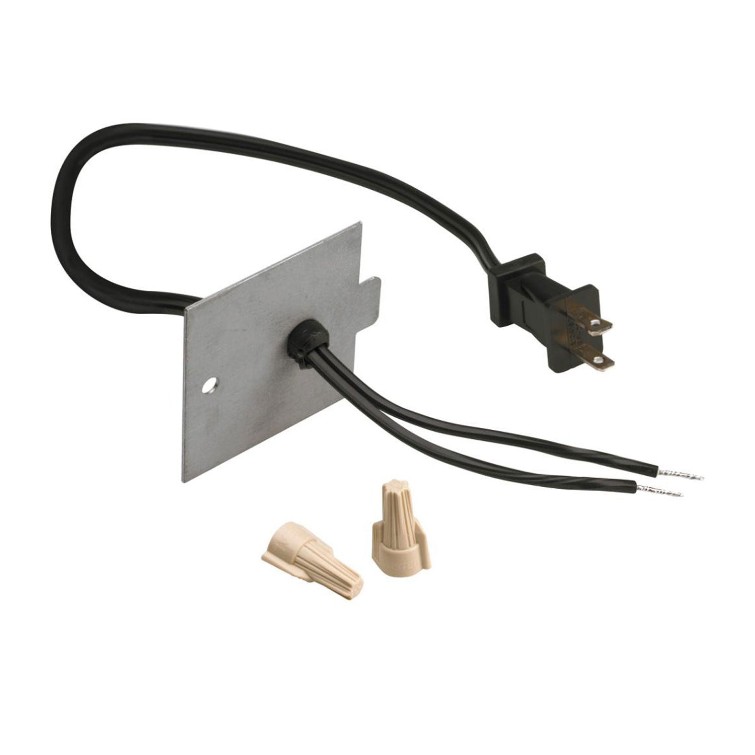Dimplex outlet conversion kit with plug cord, metal plate, and wire connectors