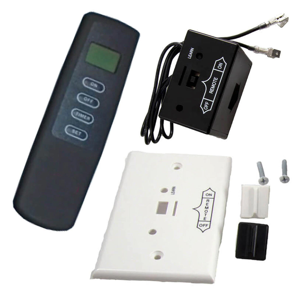Fireplace remote control kit with dark handheld remote, white wall receiver, cables