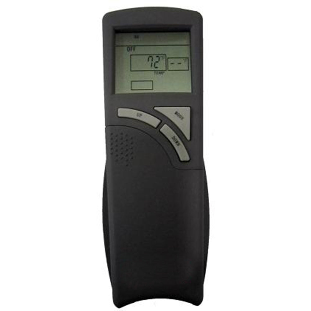 Handheld black LCD fireplace remote with thermostat and on/off buttons