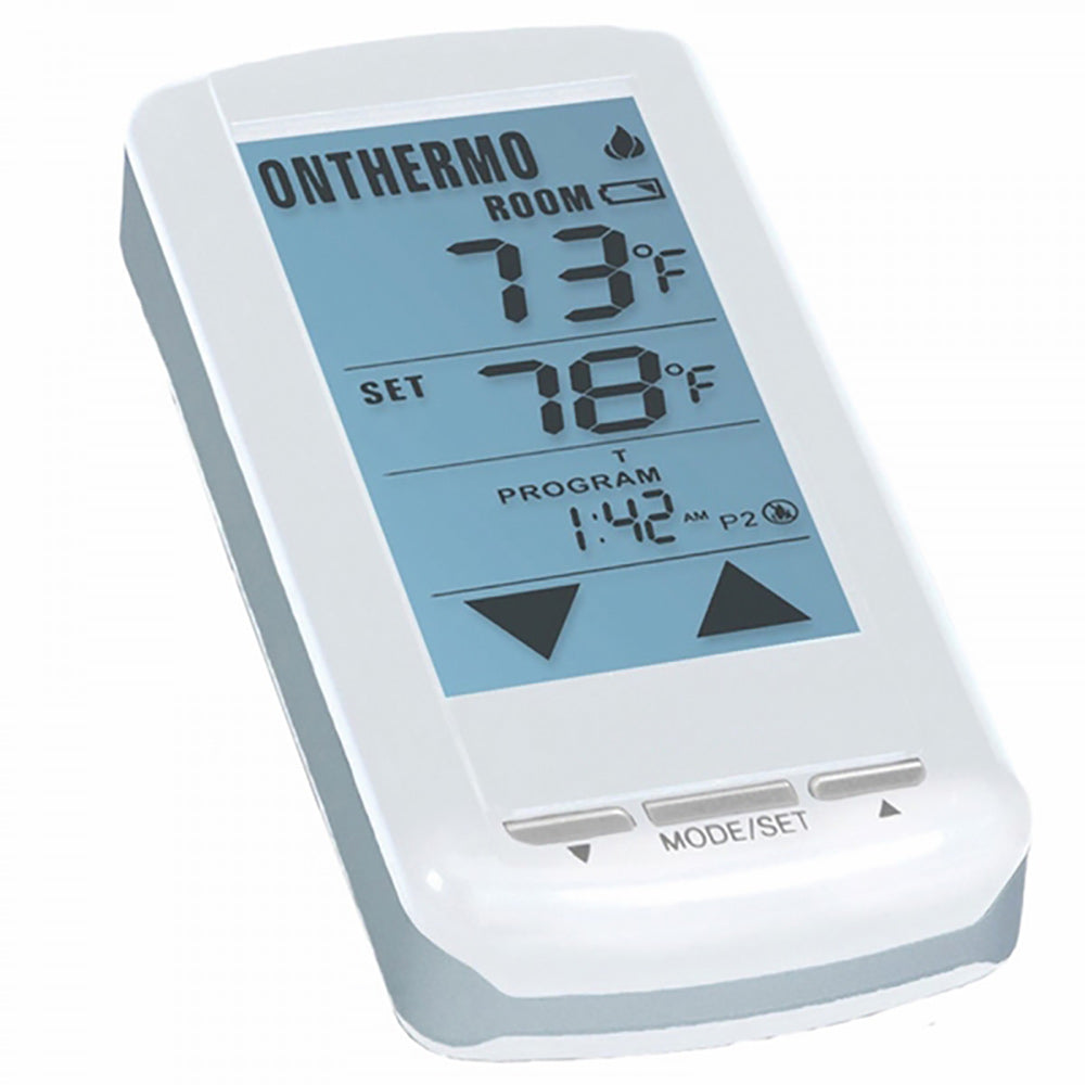Touchscreen fireplace remote with thermostatic controls, white casing and backlit display