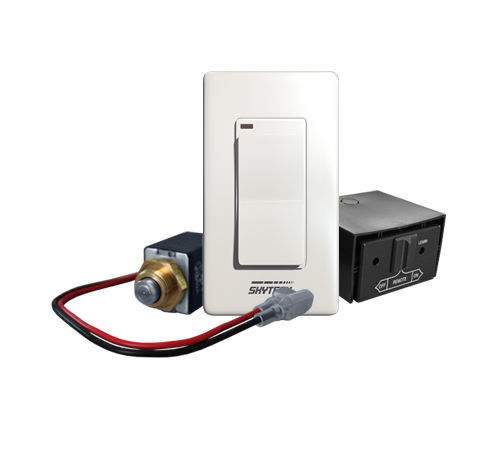 Wireless wall on/off switch with solenoid valve control module, white button and black housing