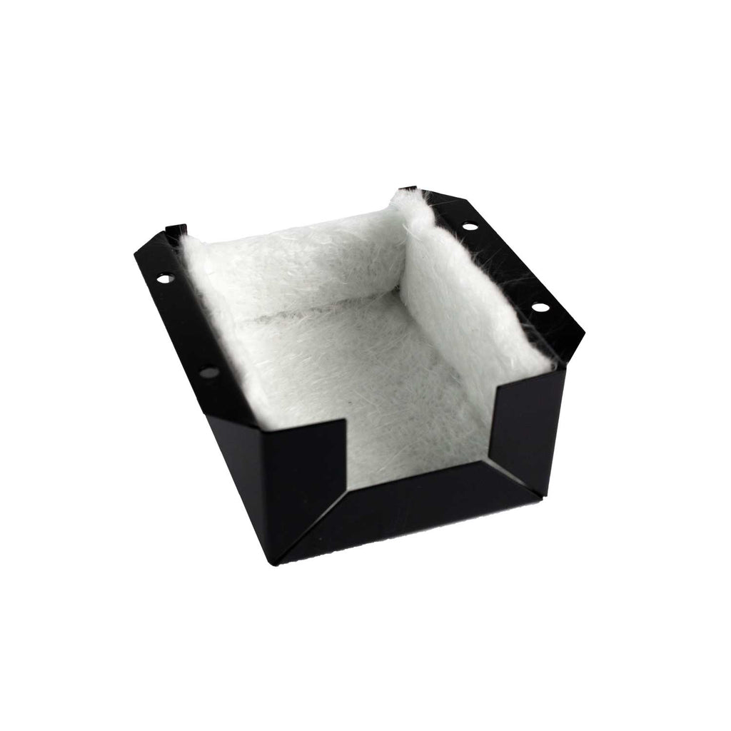 Black cardboard tray with white foam insert for protecting a small remote control