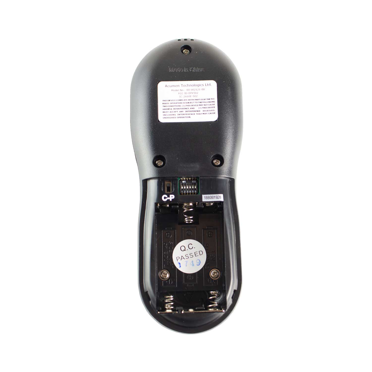 On/off fireplace remote control, dark plastic back with battery compartment
