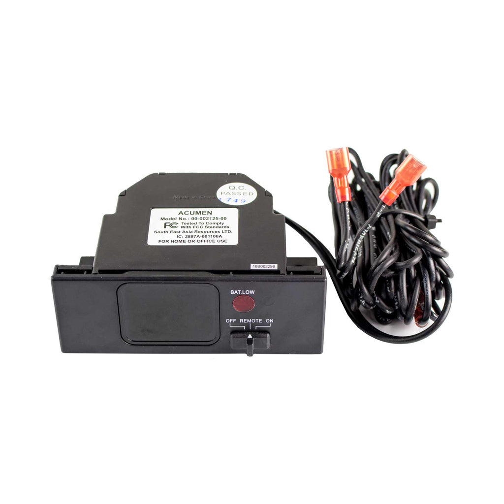 Black fireplace remote receiver unit with buttons, indicator, and wire harness