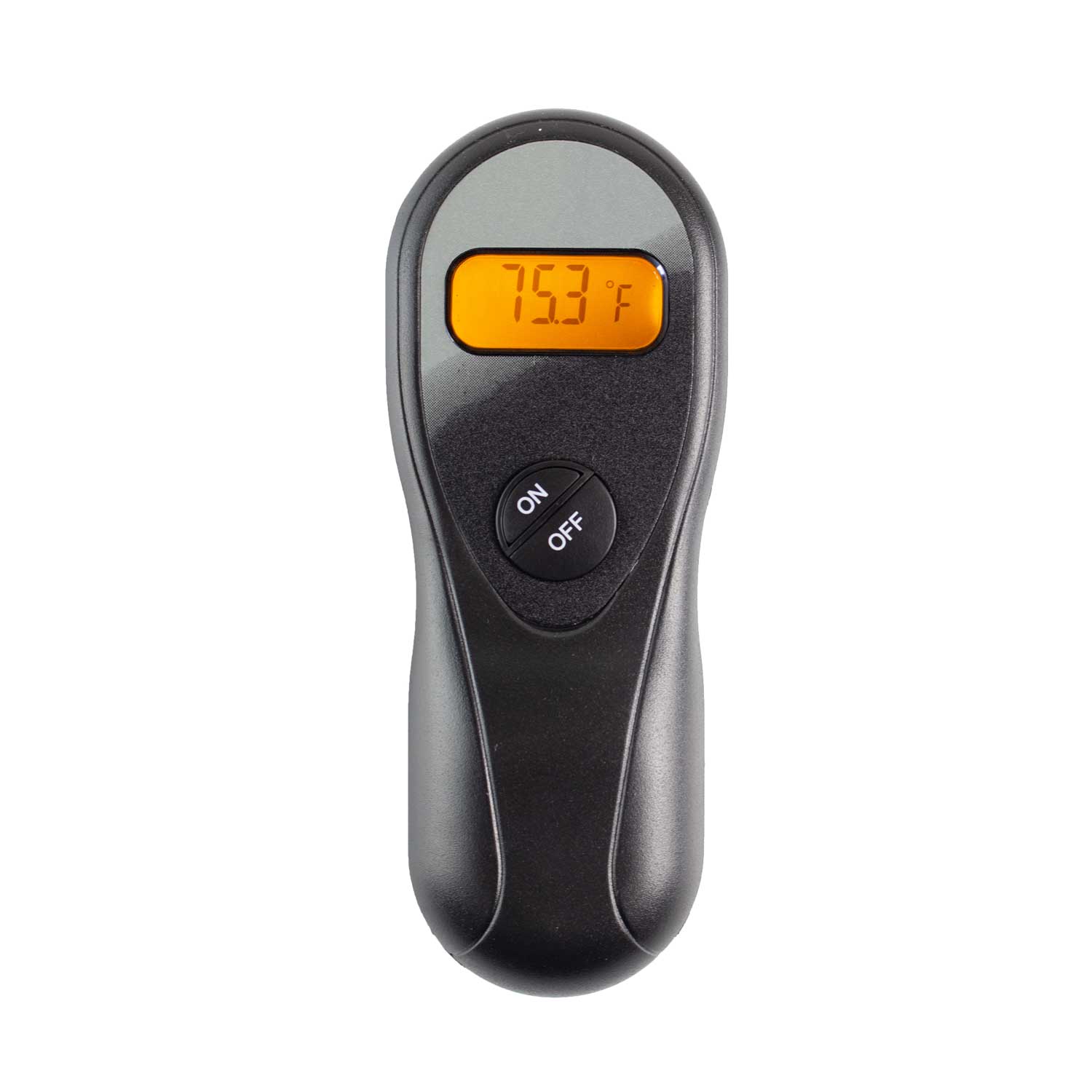 Black fireplace remote control with ON/OFF buttons and temperature display