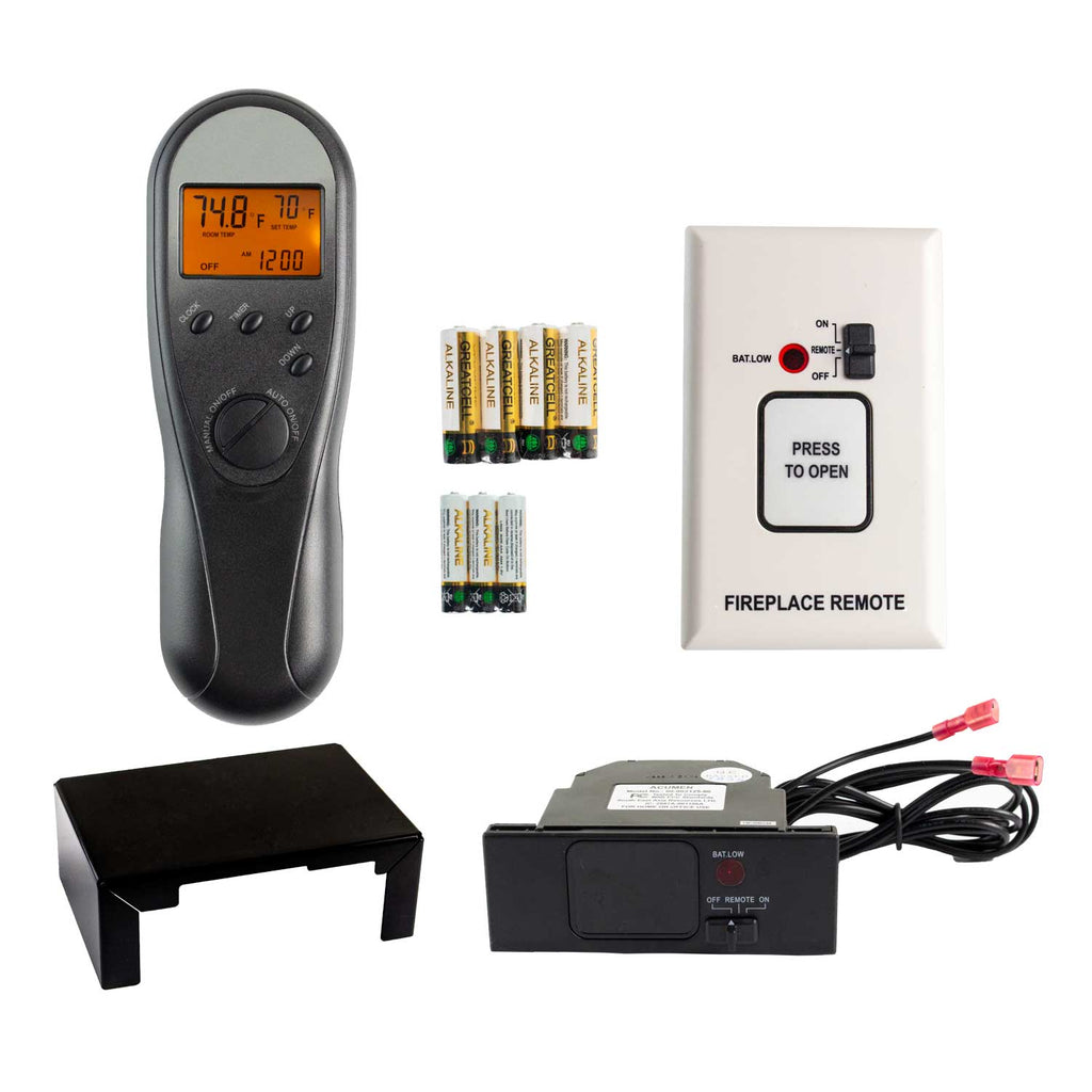 Fireplace remote control kit with LCD remote, wall switch plate, batteries, and wiring