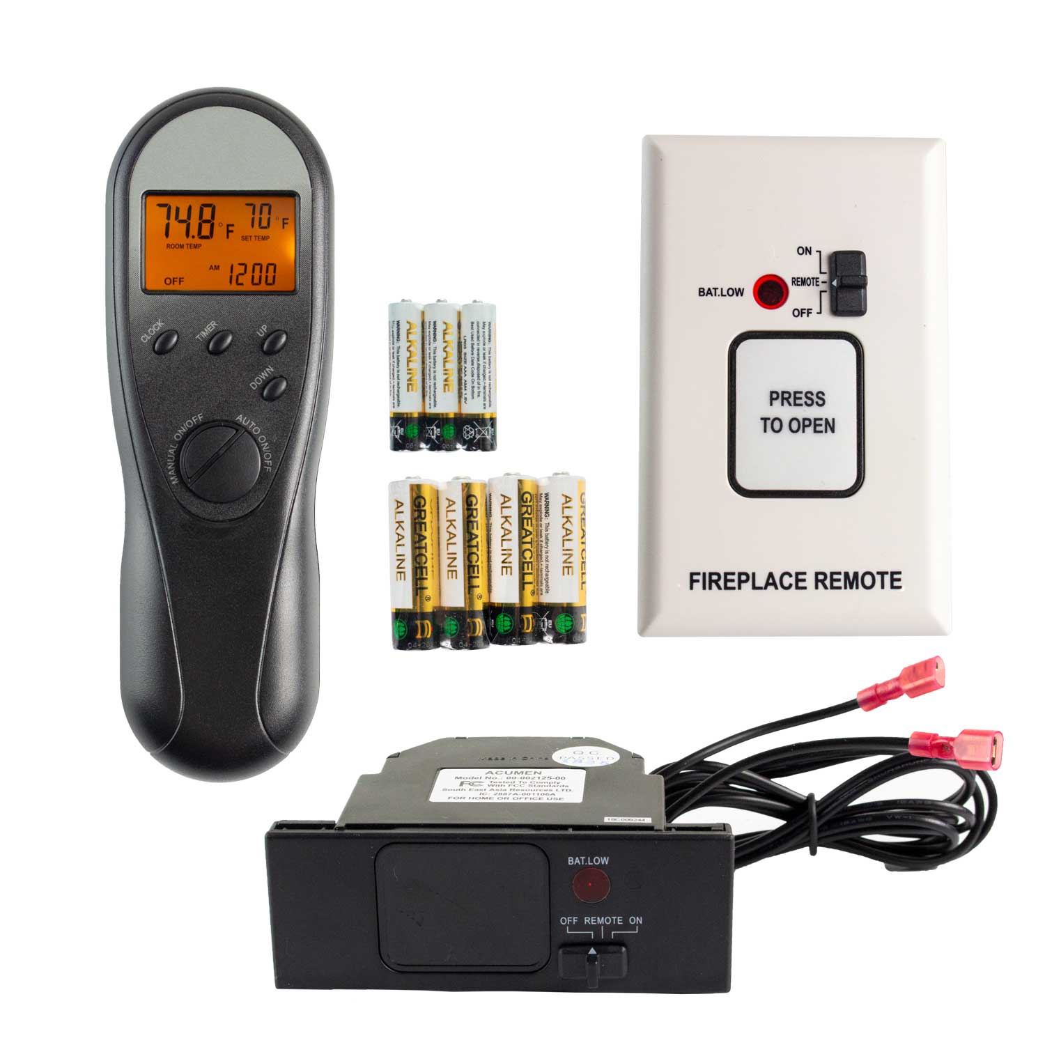 Fireplace remote thermostat with LCD display, dark gray handheld controller