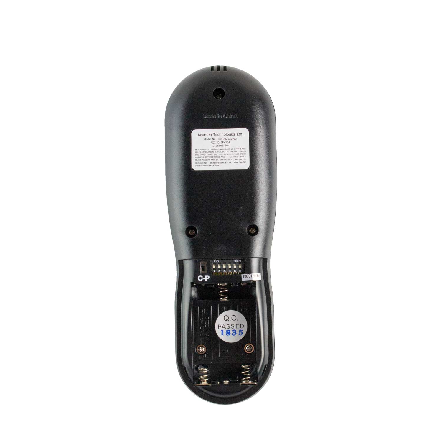 Back view of fireplace remote thermostat with battery compartment and labels