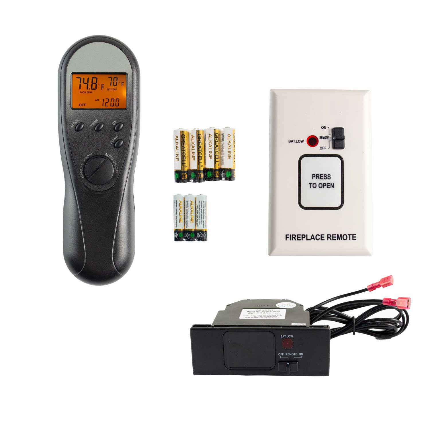 Fireplace remote system kit: handheld remote, wall panel, wires, battery pack