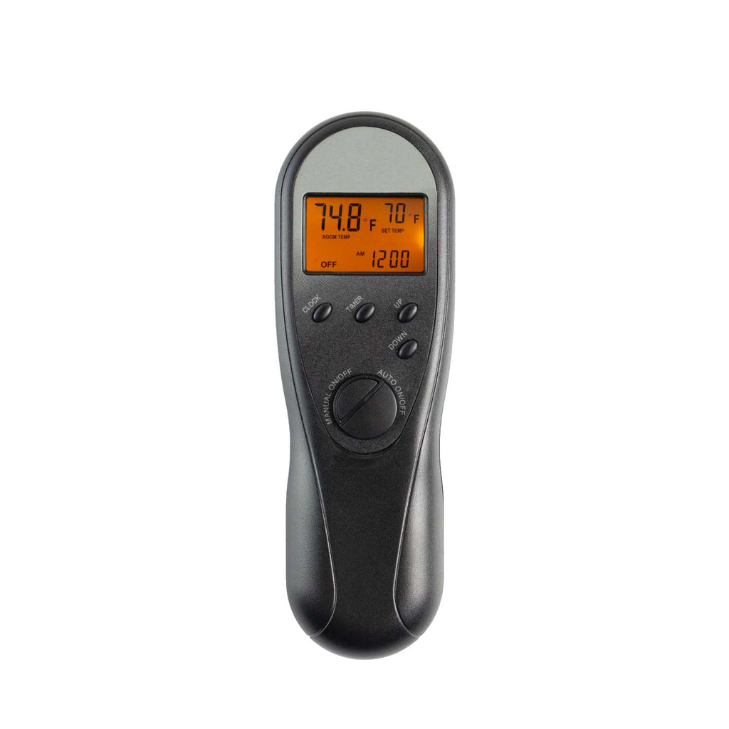 Black fireplace remote control with digital temperature display and buttons