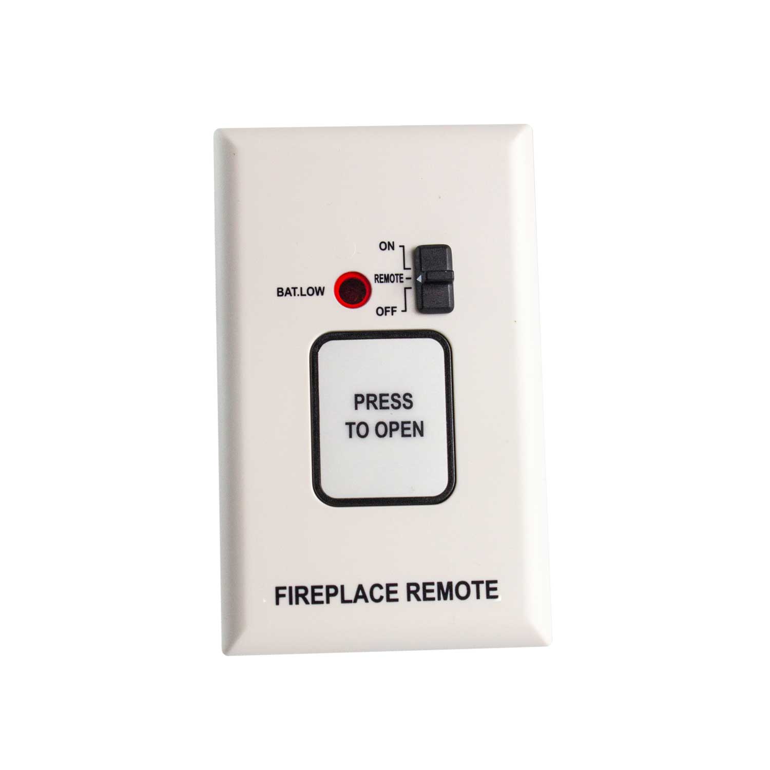 Wall control panel for fireplace remote with “Press to Open” label