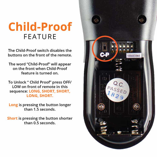 Child-proof switch on handheld remote, marked C-P, with QC passed label