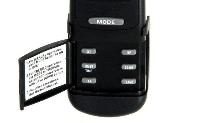 Fireplace remote control keypad with MODE, timer, fan, and flame buttons