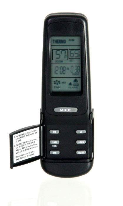 Multifunction fireplace remote with LCD display and open instruction panel