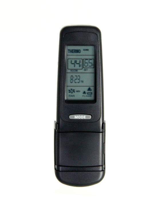Black fireplace remote control with LCD screen and navigation buttons