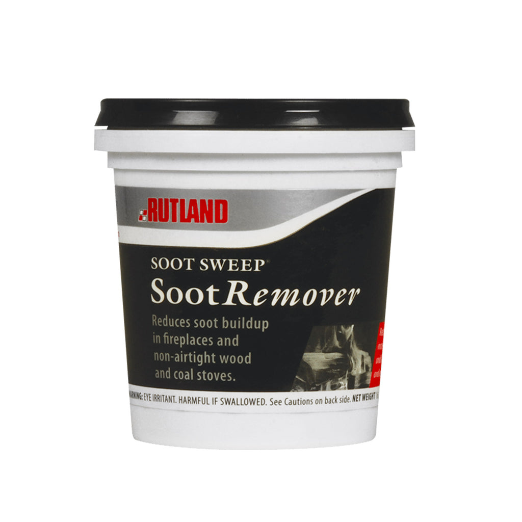 Rutland soot remover tub with black and gray label and flip-lid, 1 lb