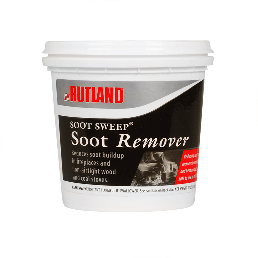 Rutland soot remover tub, white plastic container with Soot Sweep branding