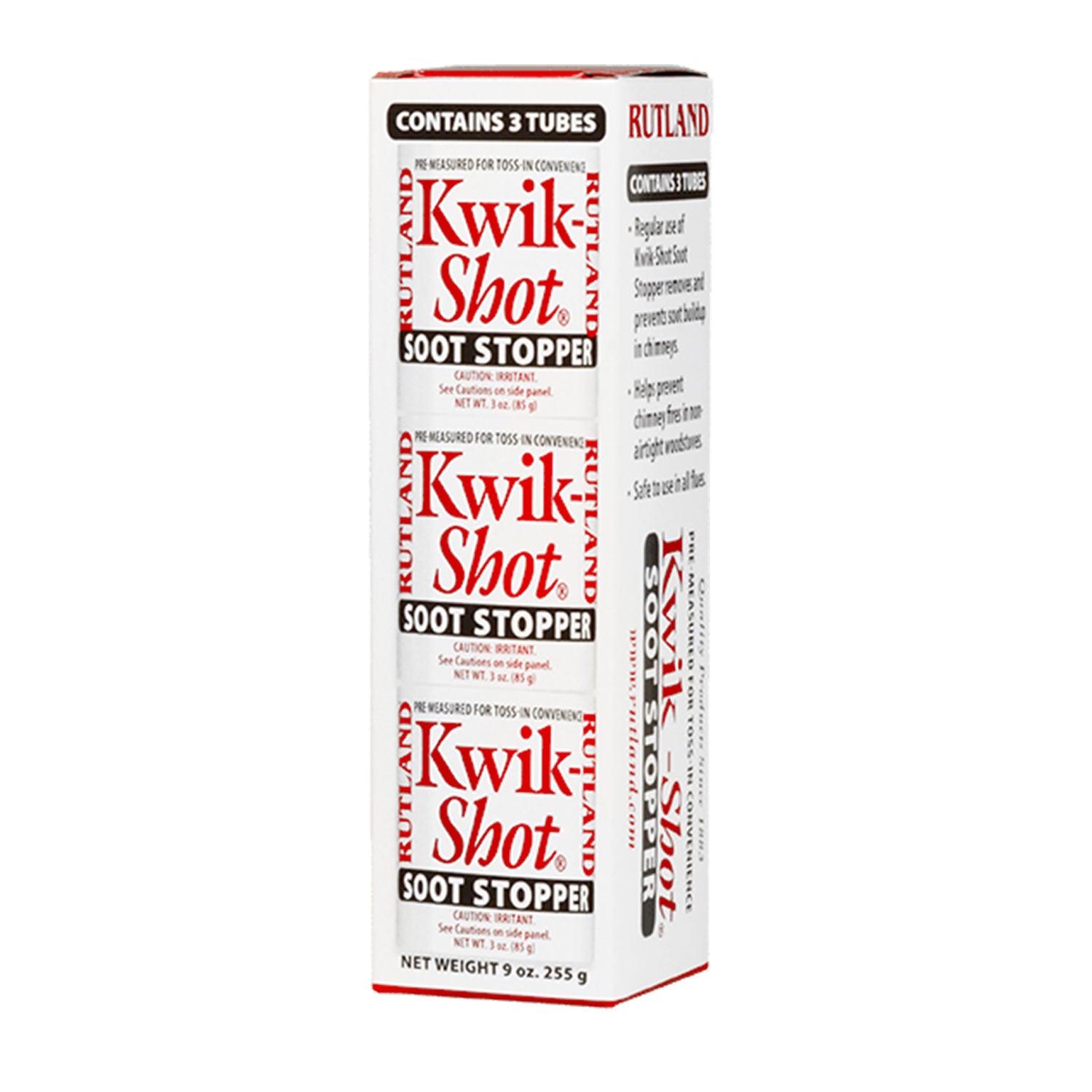 Rutland Kwik-Shot Soot Stopper 3 oz tubes, 3-pack box with printed label