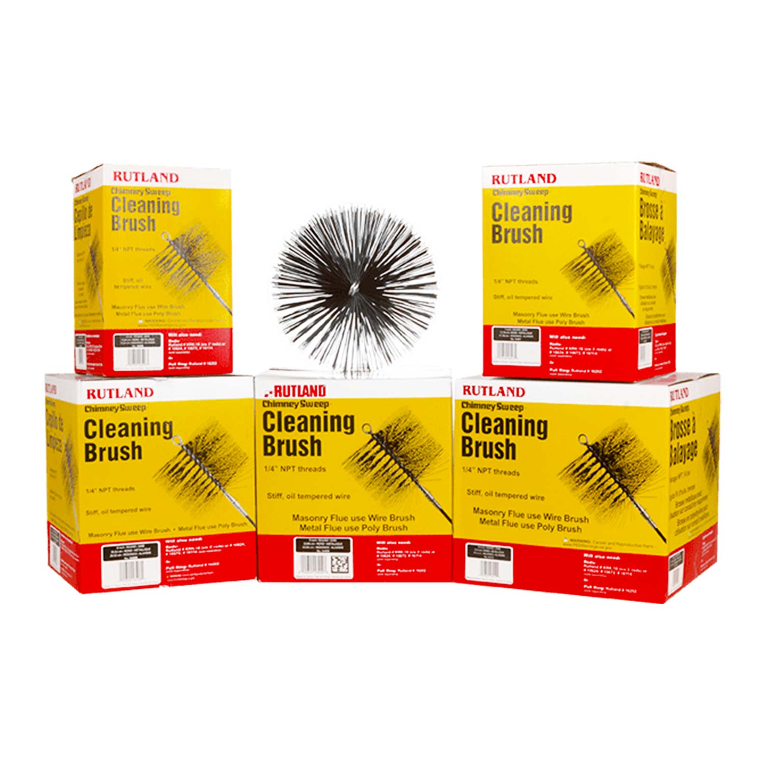 Rutland chimney sweep round wire brush boxes with circular wire brush head.