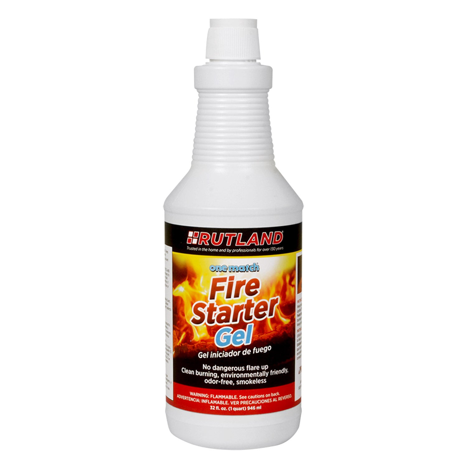 Rutland fire starter gel bottle with flame logo, 32 fl oz
