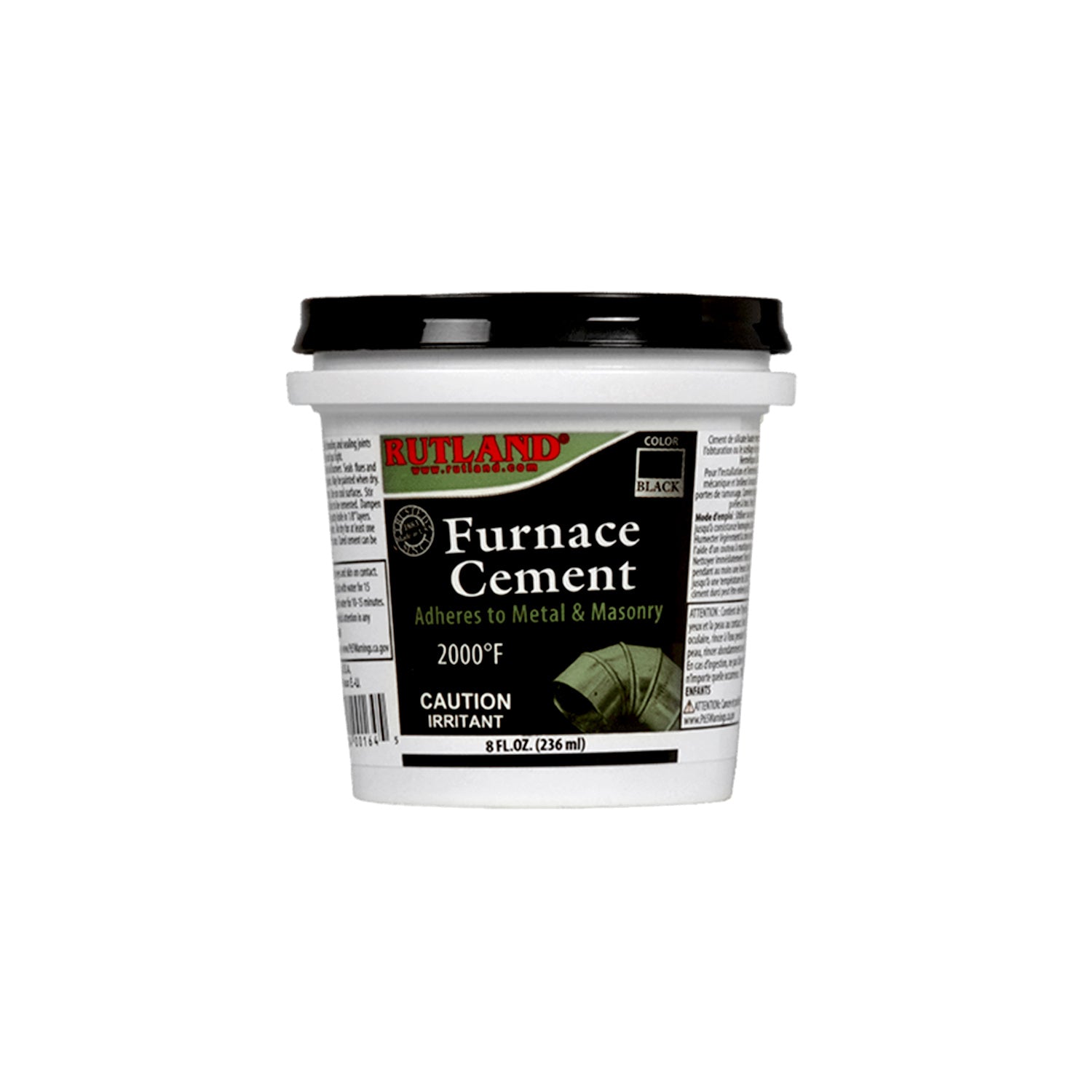 Black furnace cement tub, 16 oz, white tub with black lid and label