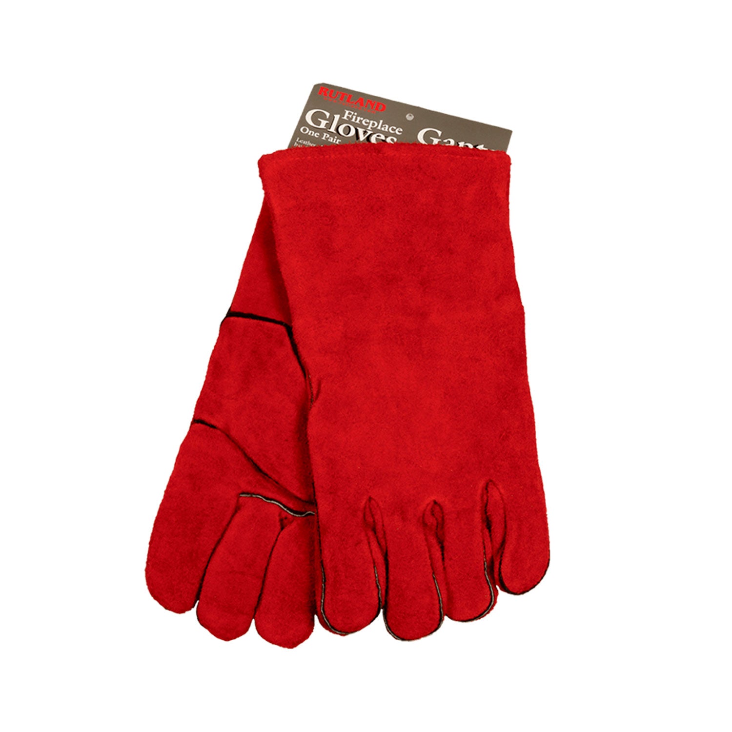 Red fireplace gloves with five-finger design and padded palm