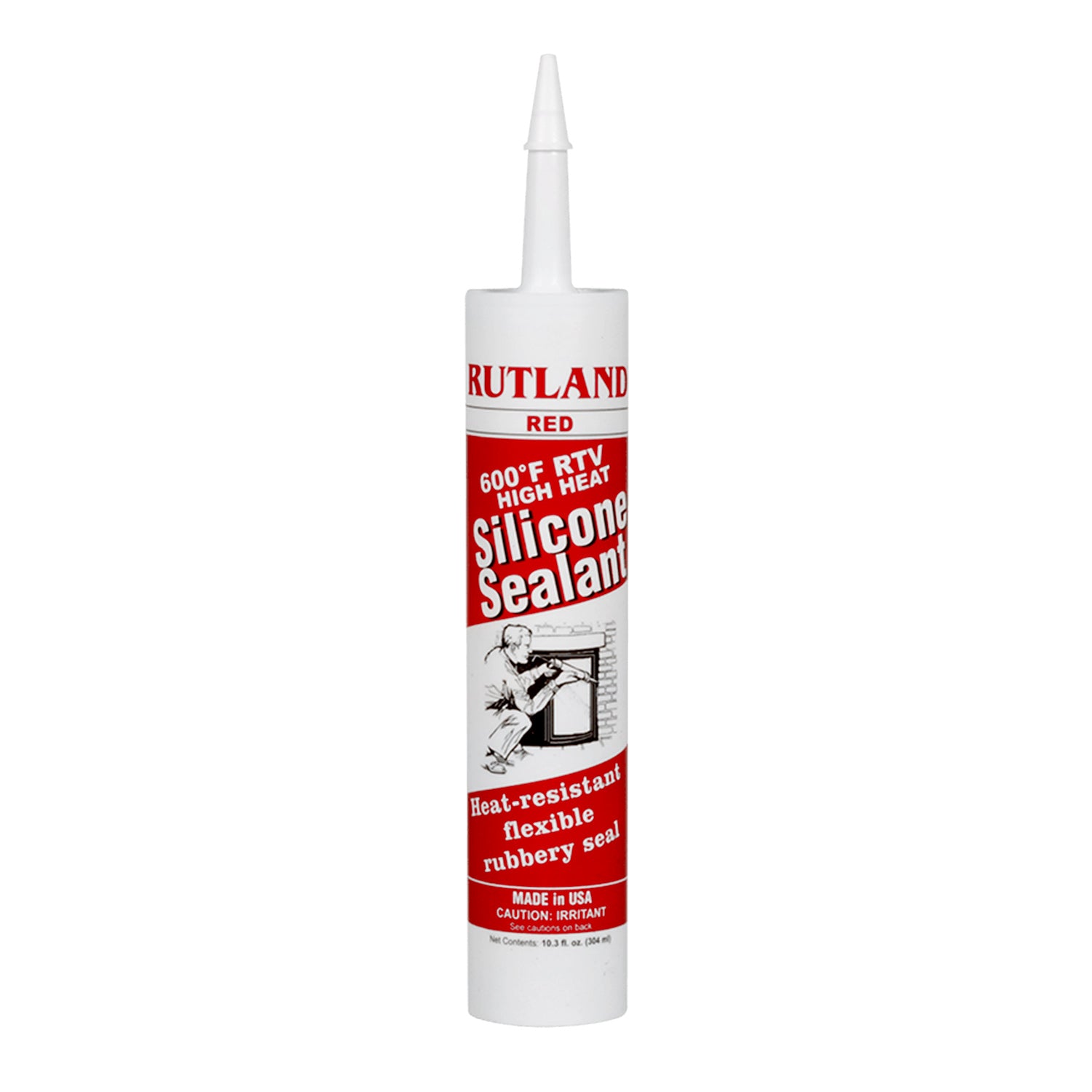 Red RTV silicone sealant cartridge with pointed nozzle, Rutland brand