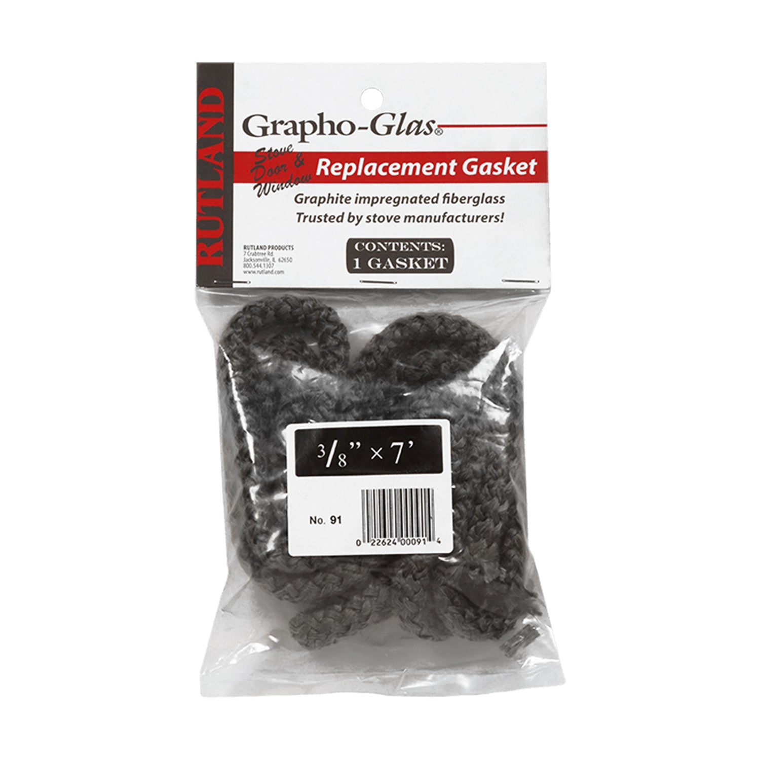 Stove rope gasket, dark gray, coiled in bag, marked 3/8 in x 7 ft