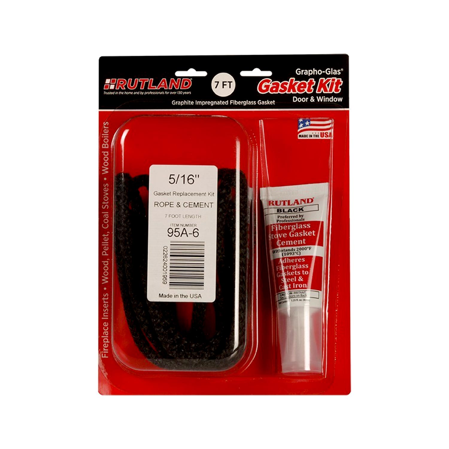 Rope stove gasket replacement kit, 5/16 in size, with cement and gasket rope in pack
