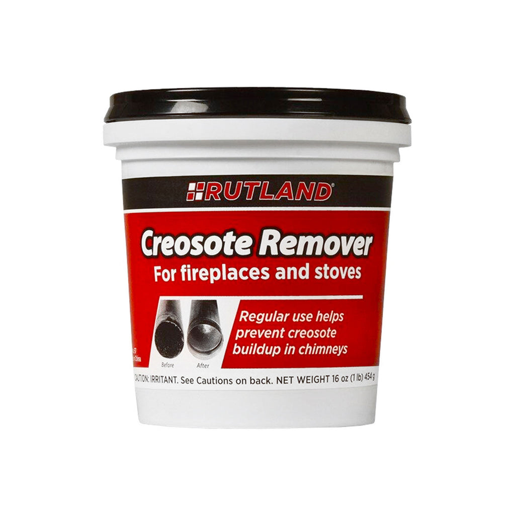 Rutland creosote remover tub, white plastic with black lid and red label