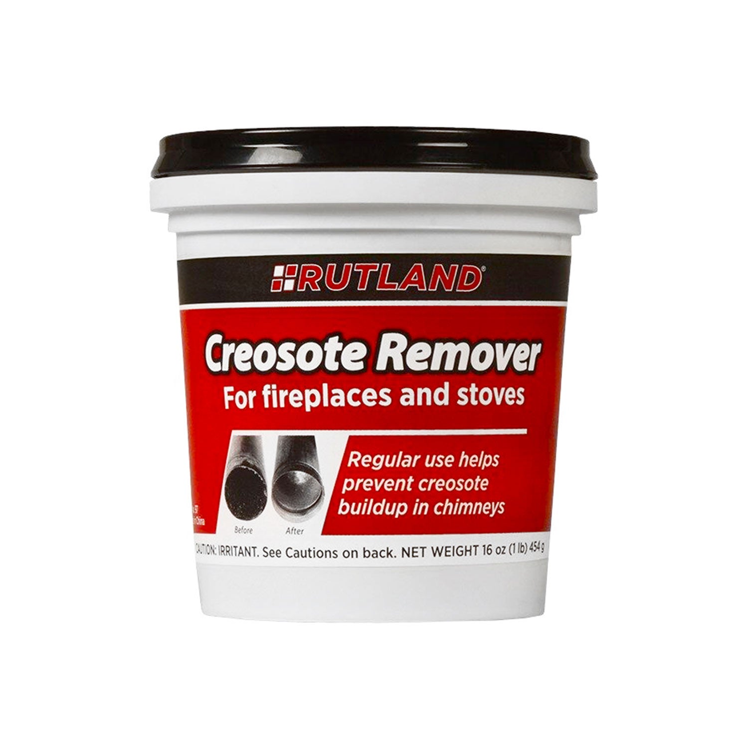 Rutland creosote remover tub, white plastic with black lid and red label