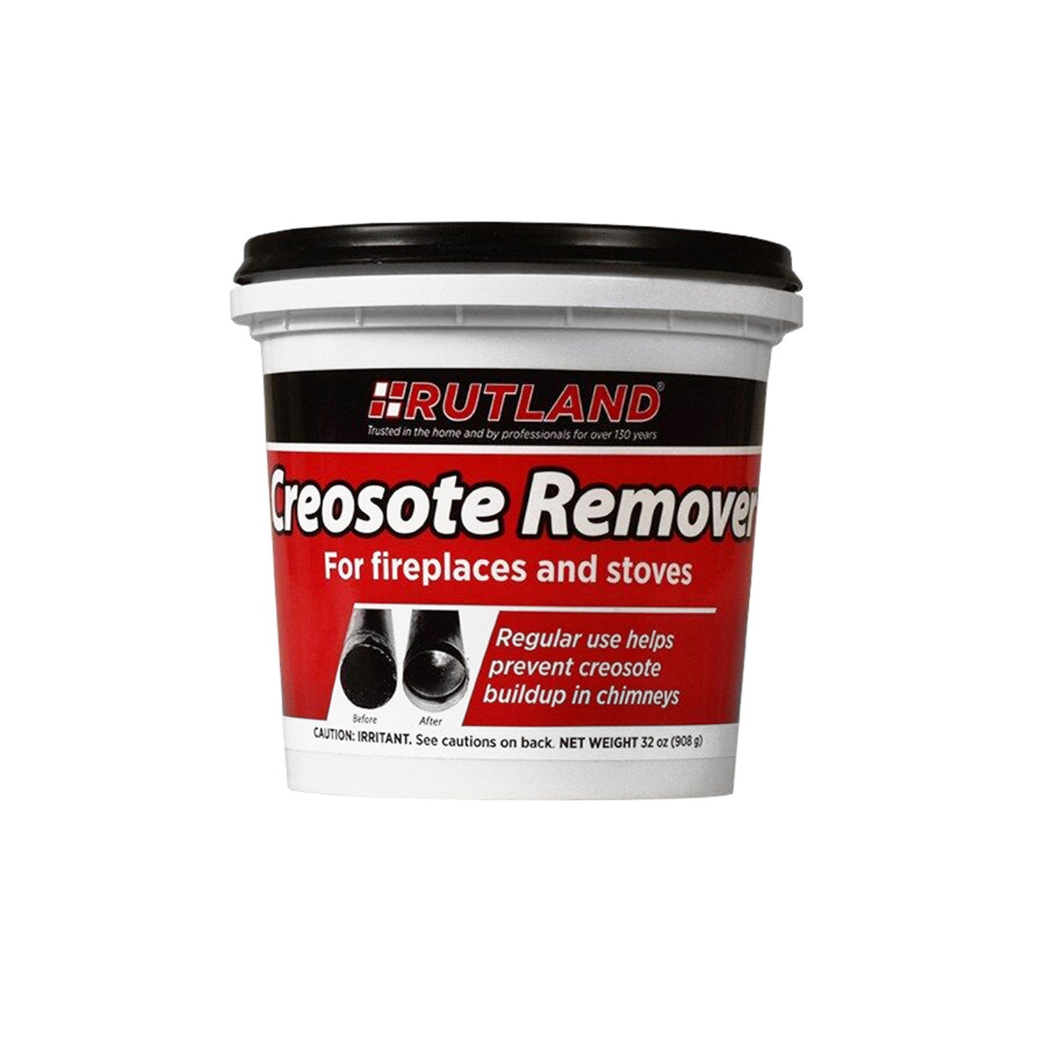 Rutland Creosote Remover tub with black lid and red-and-white label for fireplaces