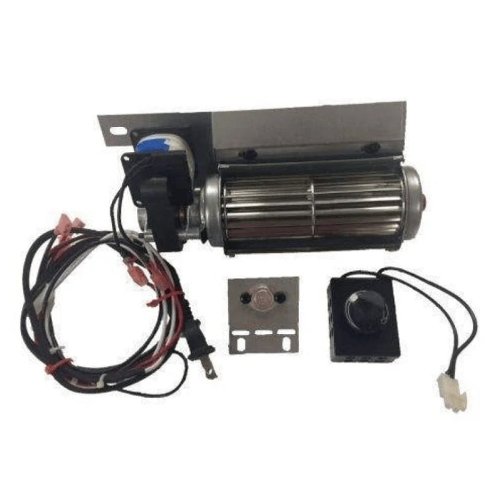 Heat circulating blower kit with cylindrical fan motor and wiring harness