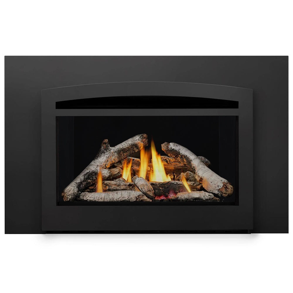 Napoleon direct vent gas fireplace insert, open firebox with flames and faux logs