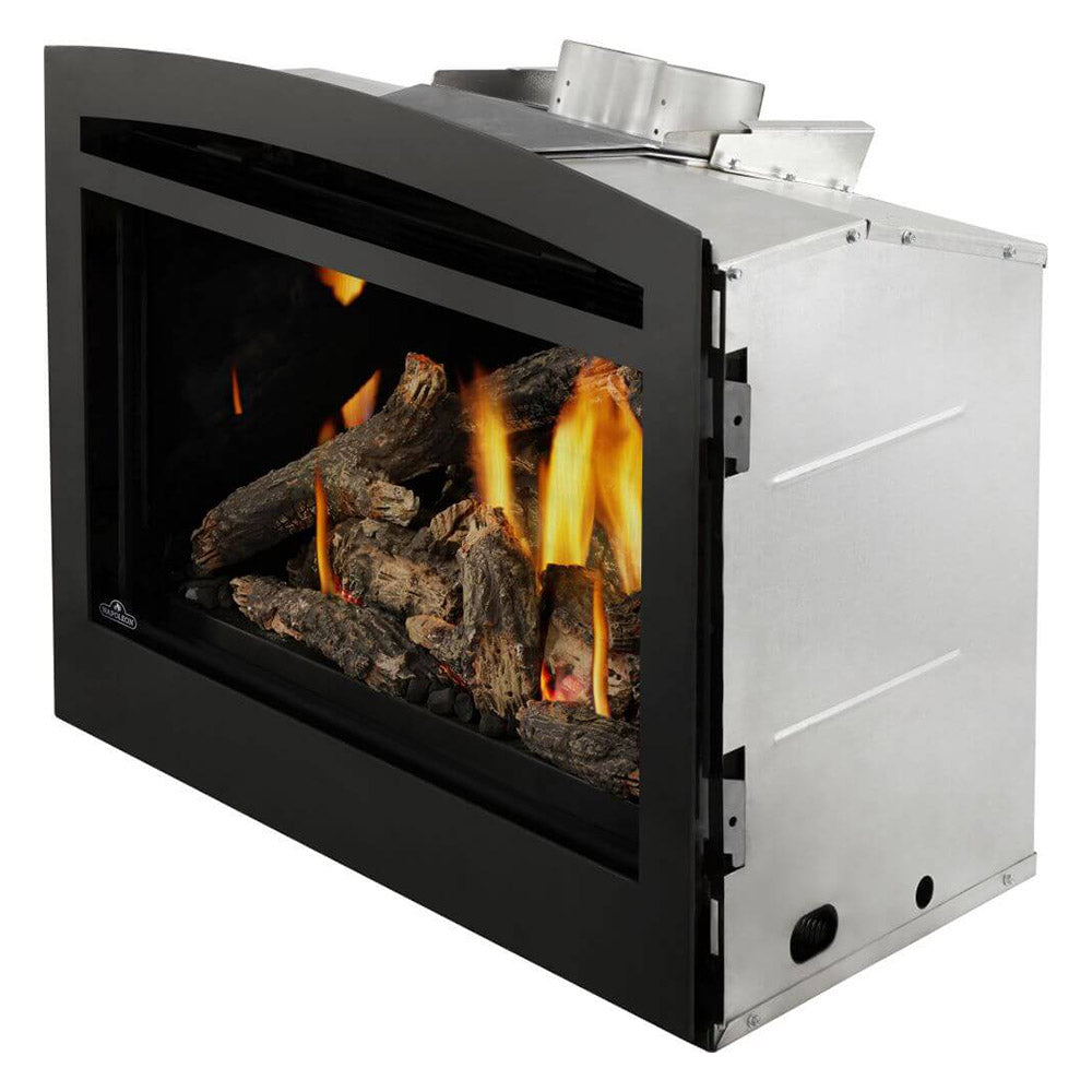 Direct vent gas insert fireplace in black with viewing window and burning logs inside