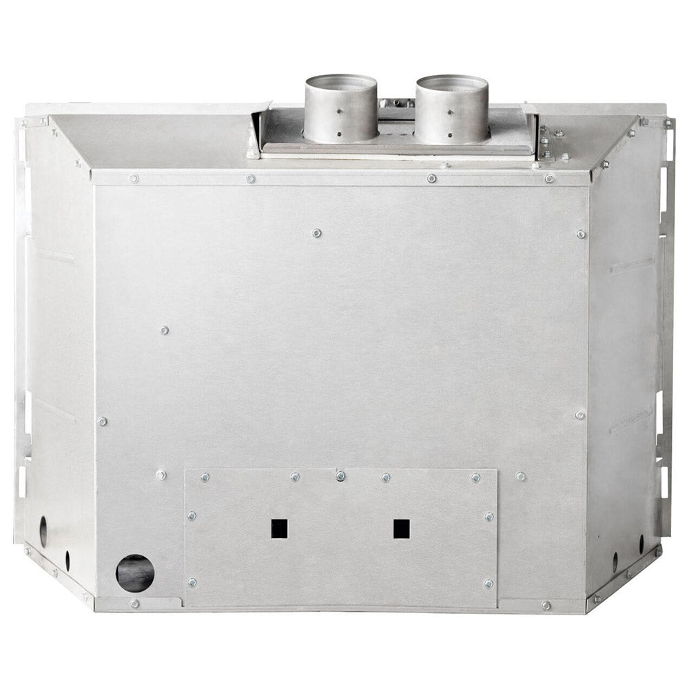 Direct vent gas insert fireplace combustion box with metal outer panels and vents