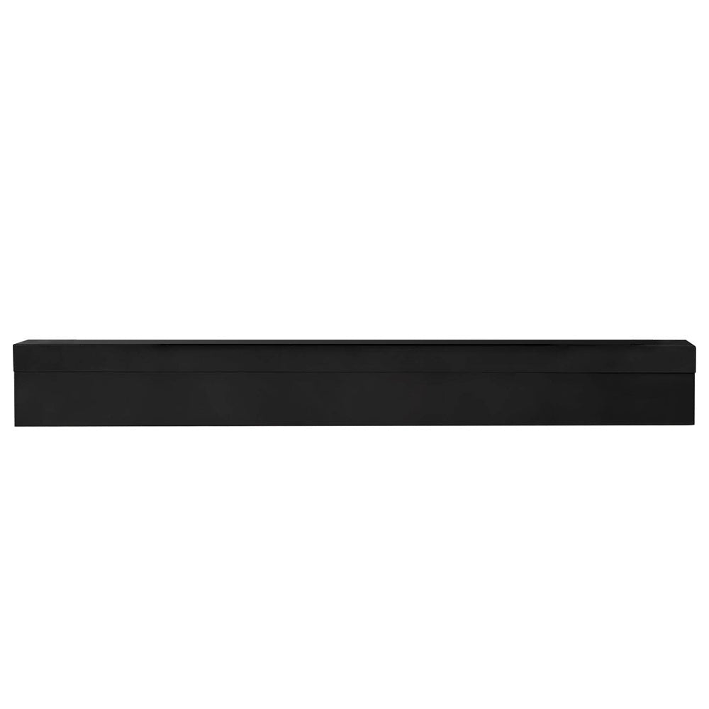 Adjustable black fireplace riser box panel, low-profile rectangular front.