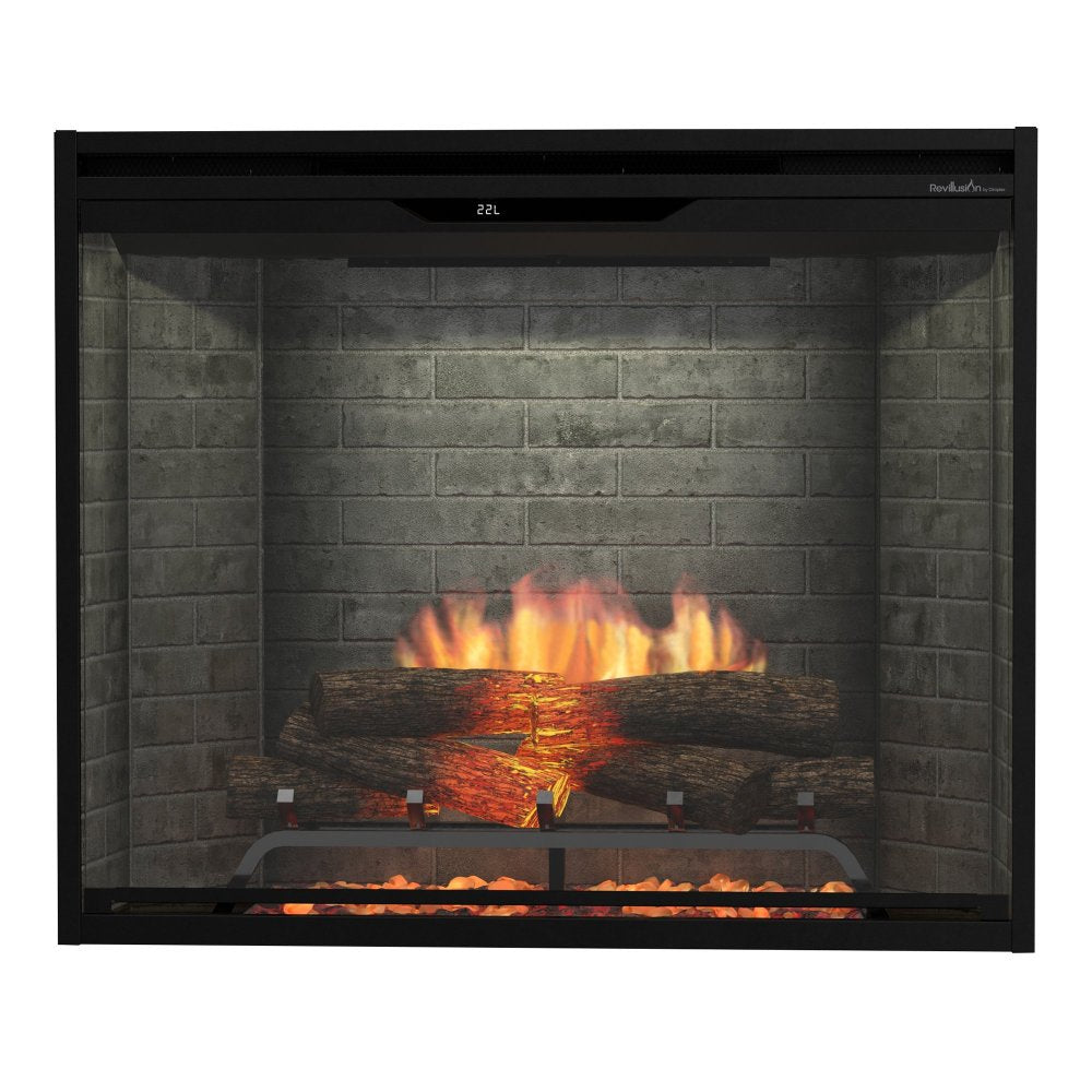 Built-in electric firebox with gray brick panel and realistic flame and log set