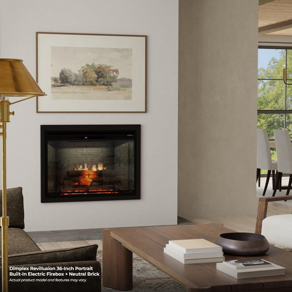 Built-in electric firebox with dark interior and warm flame in brick surround