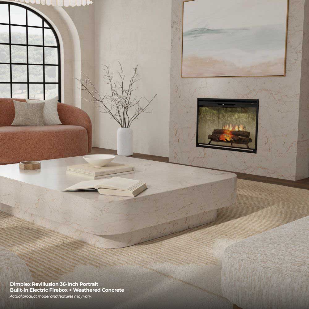 Built-in electric firebox with black trim and flame bed in light stone wall