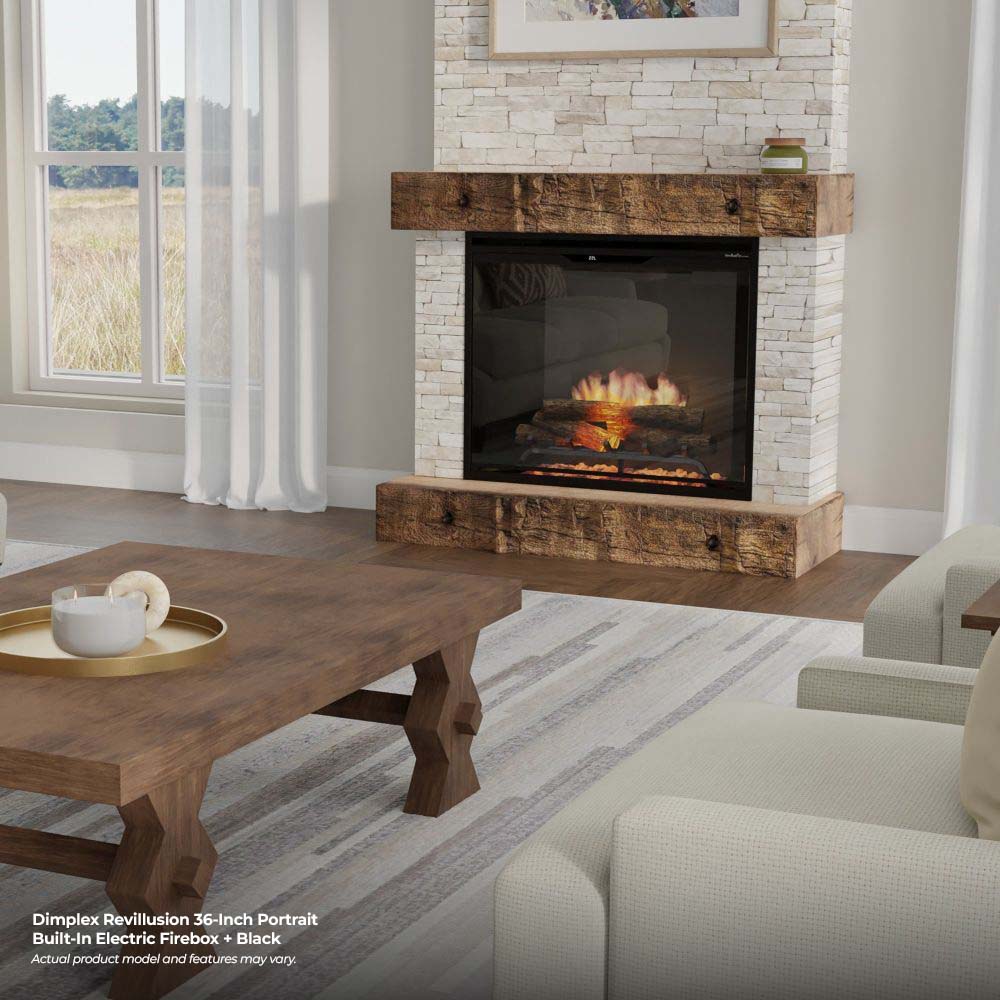 Built-in electric firebox with flame view and rustic wood mantle surround