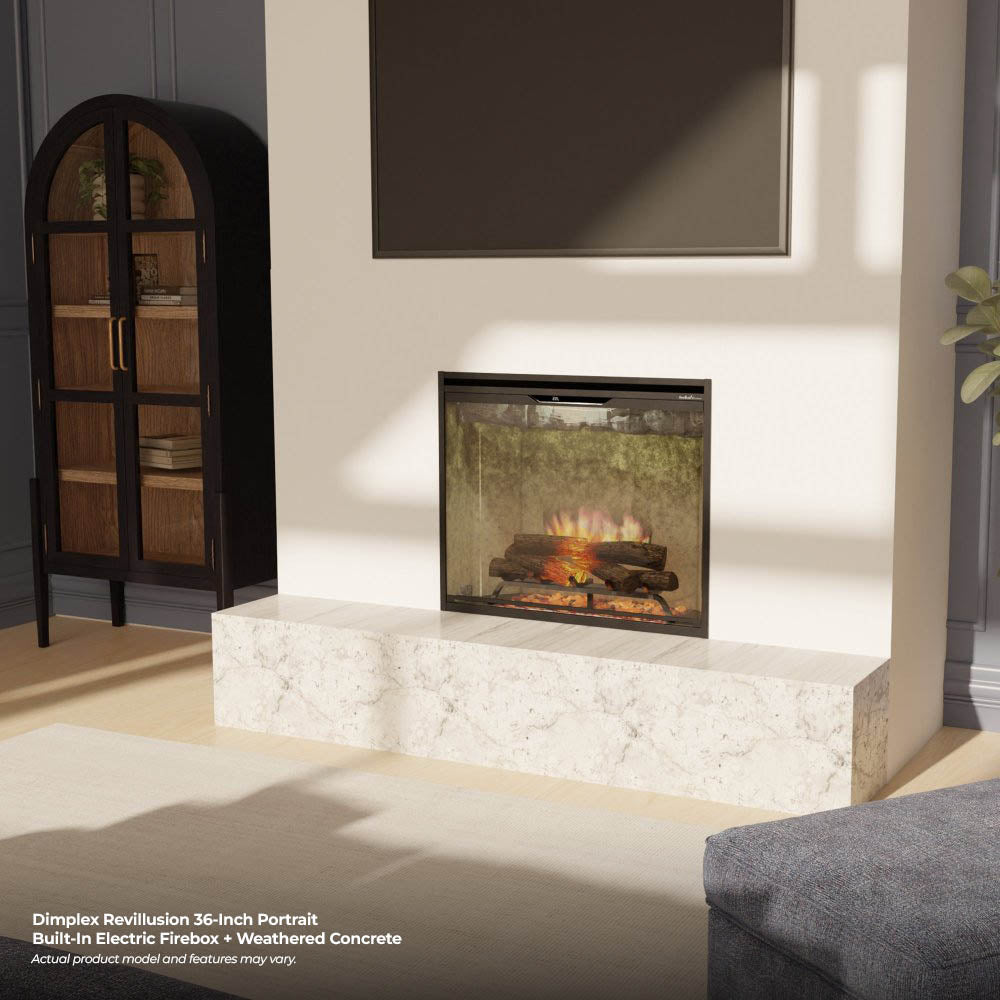 Built-in electric firebox with warm flames and weathered concrete surround