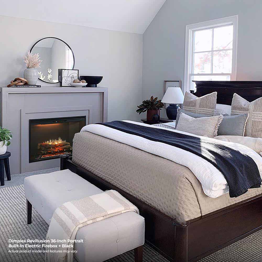 Built-in electric firebox in white wall with flame display and black frame